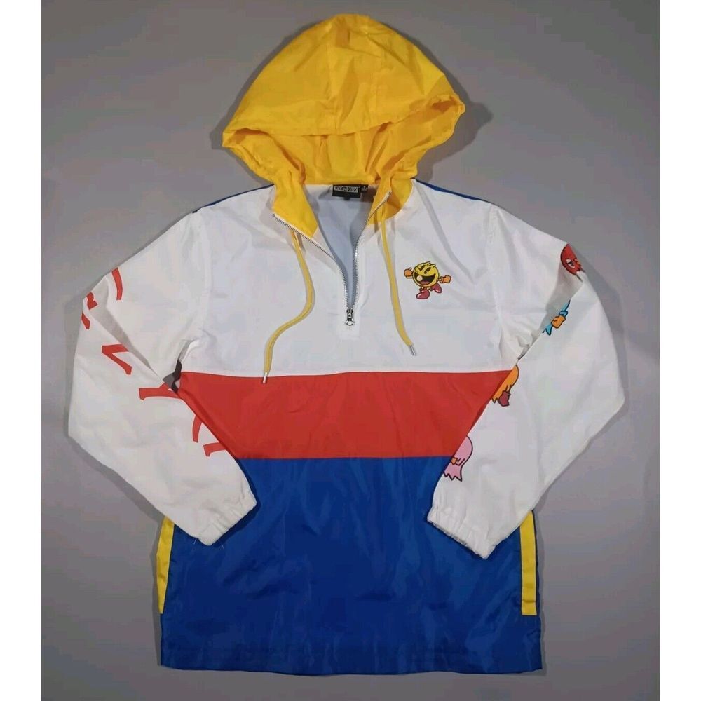 PAC MAN Jacket Mens S Blue White Yellow 1/4 Zip Hooded Windbreaker‎ Namco